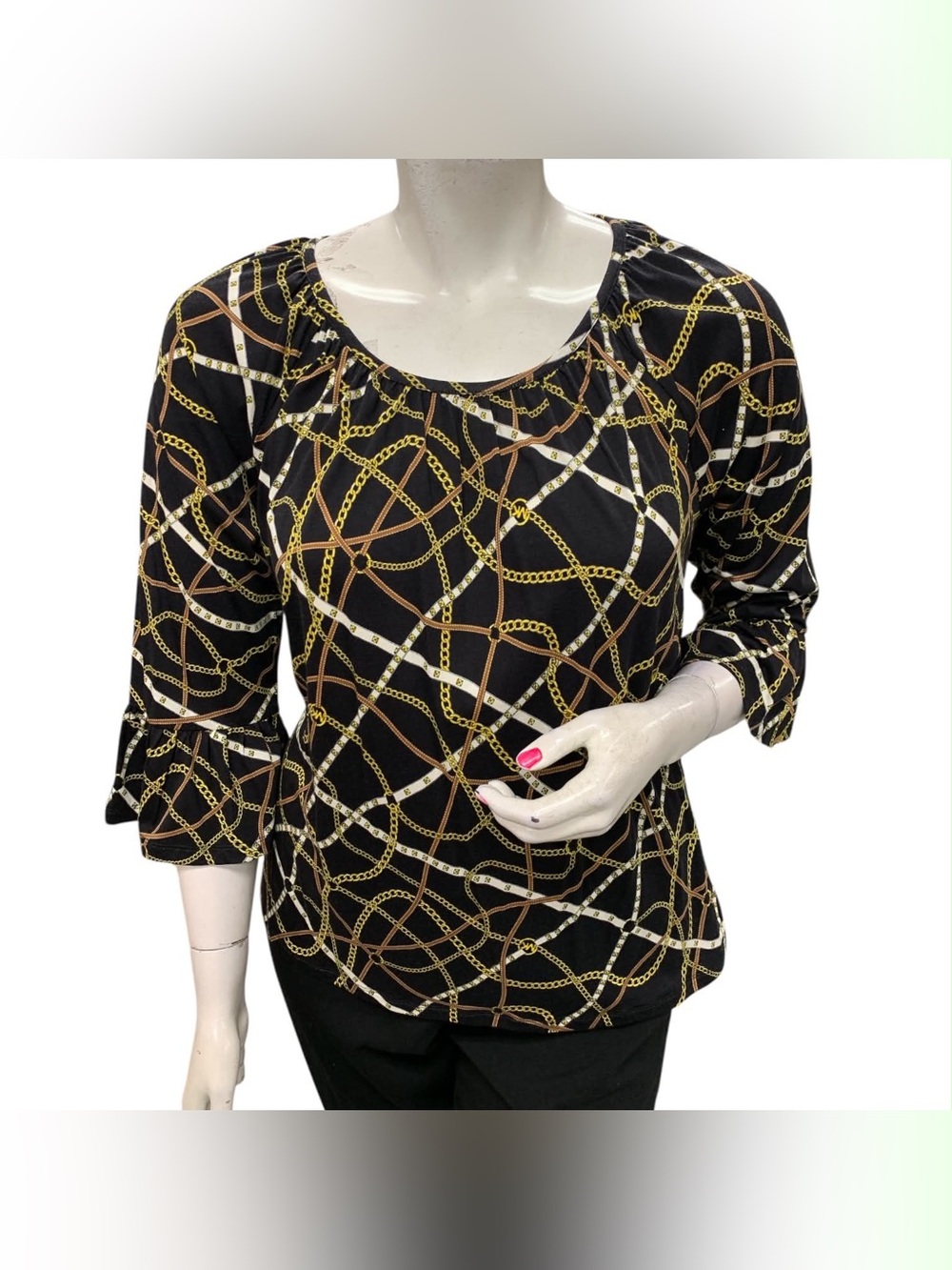 Michael Kors Black Chain-Print Scoop Neck Blouse Size L